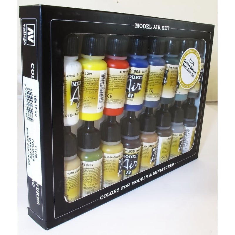 Vallejo Basic Colors: Acrylic 16 Airbrush Paint Set for Model & Hobby 71178, Black, 0.57 Fl Oz (Pack of 16) - Image 1